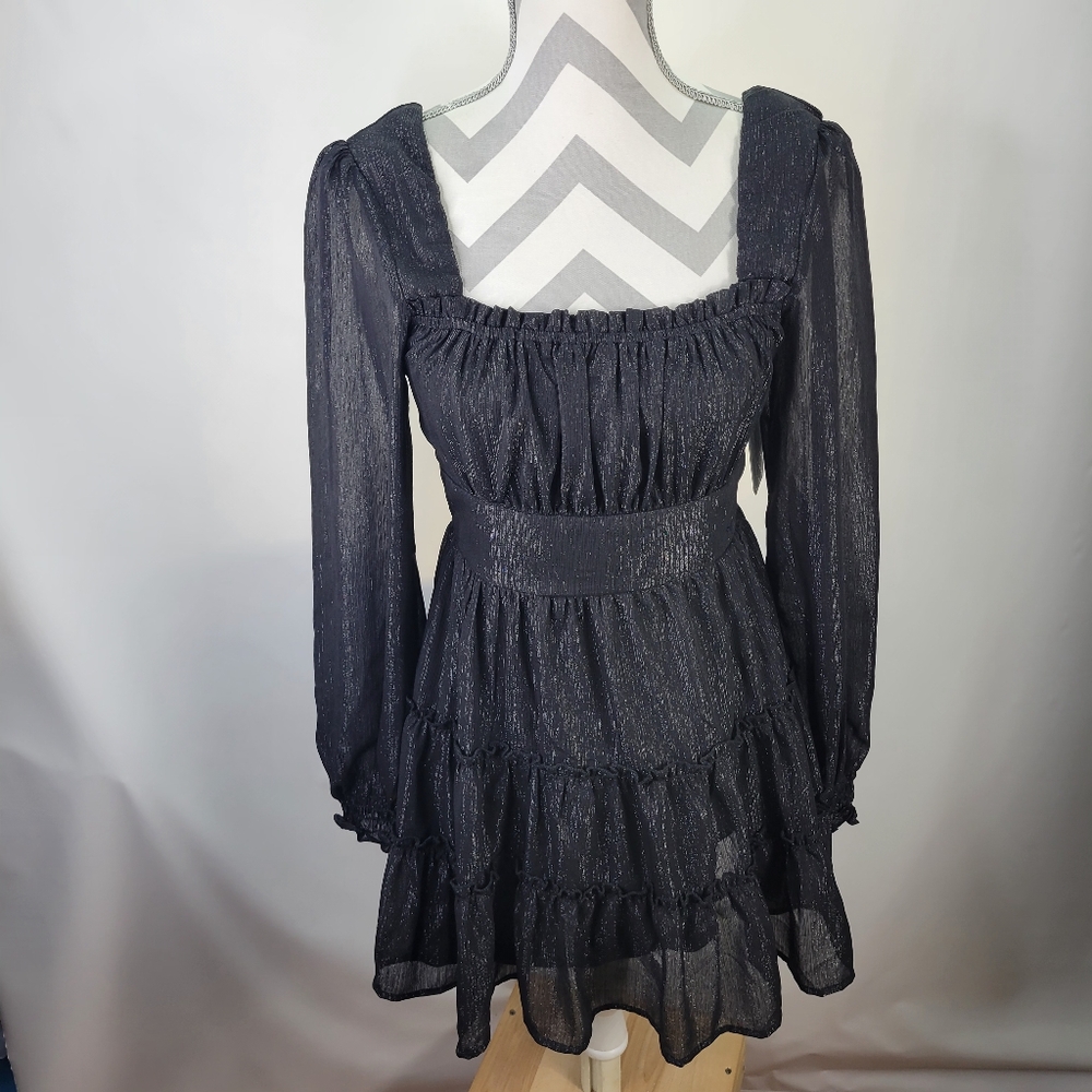 NWT Altard State Black/Metallic Square Neck Mini Dress Elastic Back Lined Small